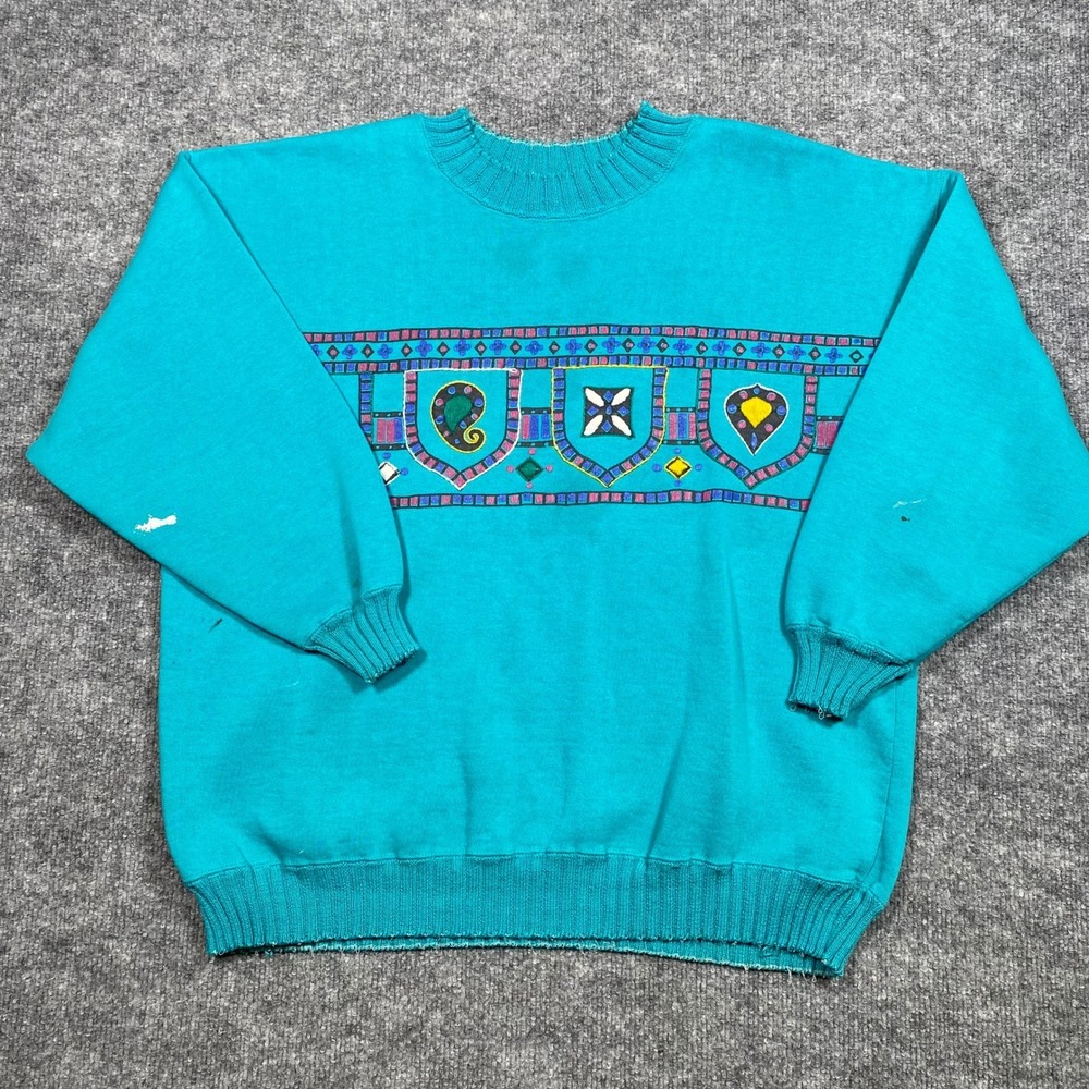 Vintage Pasta Teal Graphic Sweatshirt Womens Large Geometric Shield Pullover